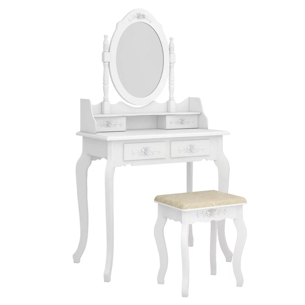 SamyoHome Vanity Table Set, Makeup Dressing Table with Mirror, Vanity Desk with Cushioned Stool 4 Drawers, White