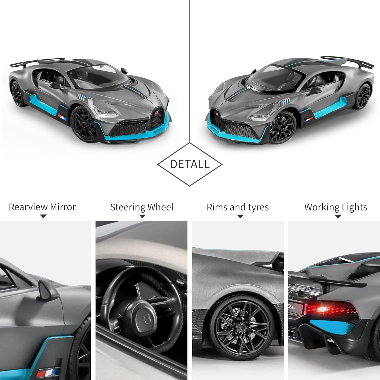 MIEBELY Bugatti Remote Control Car – 1/12 Scale RC Car for Children and Adults – Realistic Bugatti Divo Car with Lights – Detachable Steering Ring