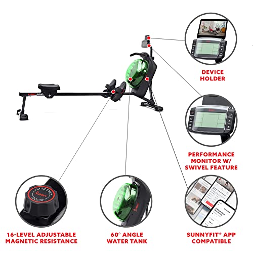 Sunny Health & Fitness Elite Water Rowing Machine with High Dynamic Resistance Vertical Tank