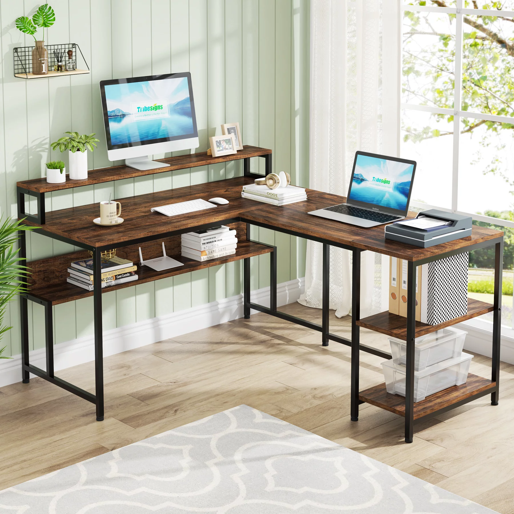 Tribesigns Reversible L Shaped Desk with Monitor Stand, 59 Inch Corner Computer Desk with Storage Shelves