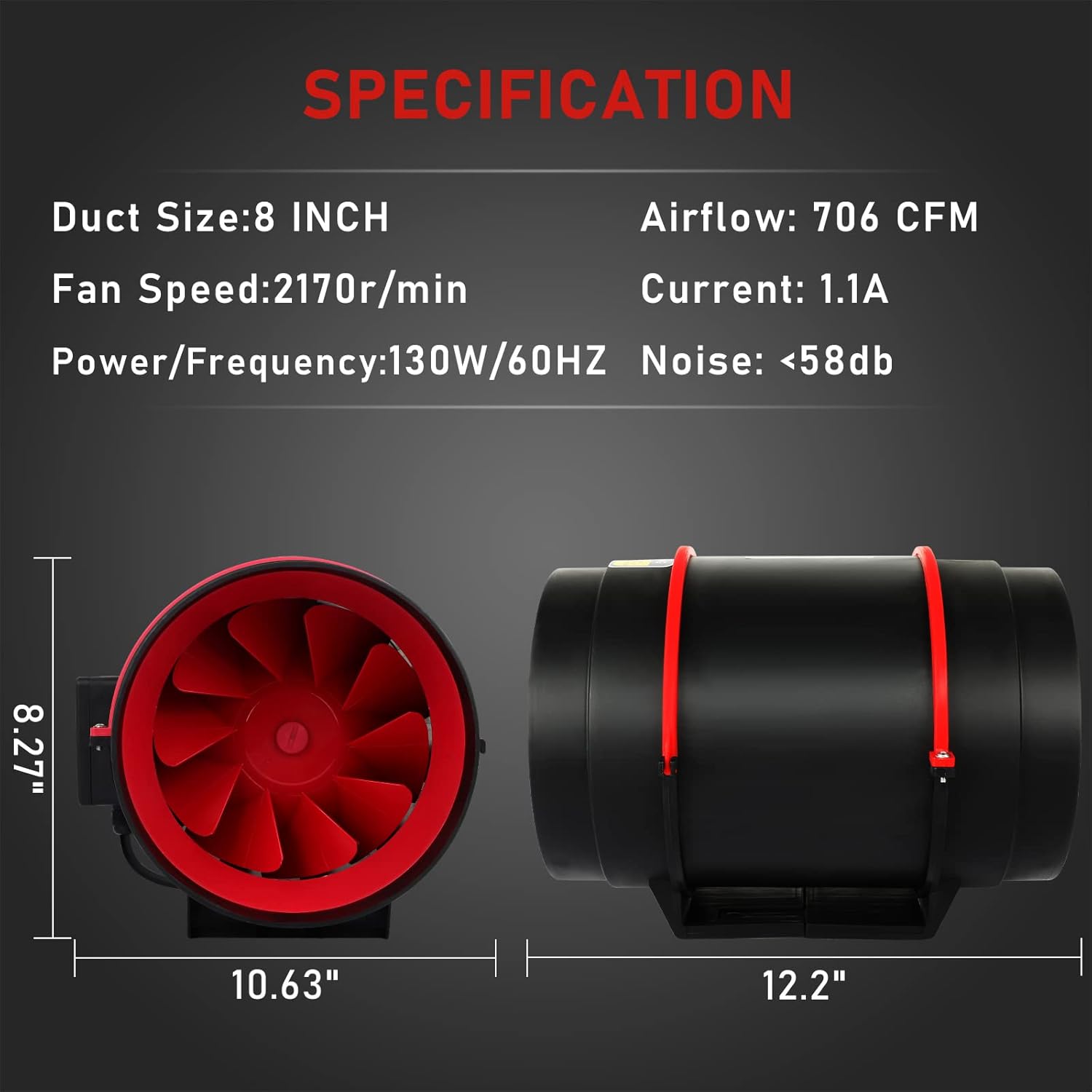 Ventilation Kit 4 inch Inline Fan 182 CFM Ventilation Fan with Temperature Humidity Monitor, 4 inch Air Carbon Filter and 10 feet Ducting