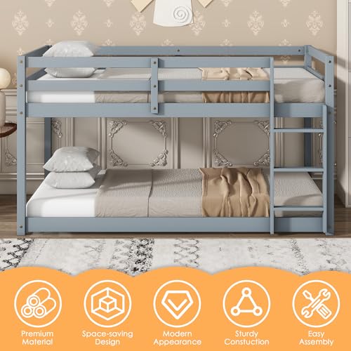 Bunk Bed Twin Over Twin, Wood Low Profile Floor Twin Bunk Beds with Ladder Guardrails for Kids Boys and Girls, No Box Spring Needed