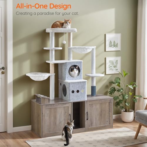 HOOBRO Cat Tree with 47.2" Dual Litter Box Enclosure, 63.4" Tall Multi-Functional Tower for Cats, Hidden Litter Box Enclosure Furniture