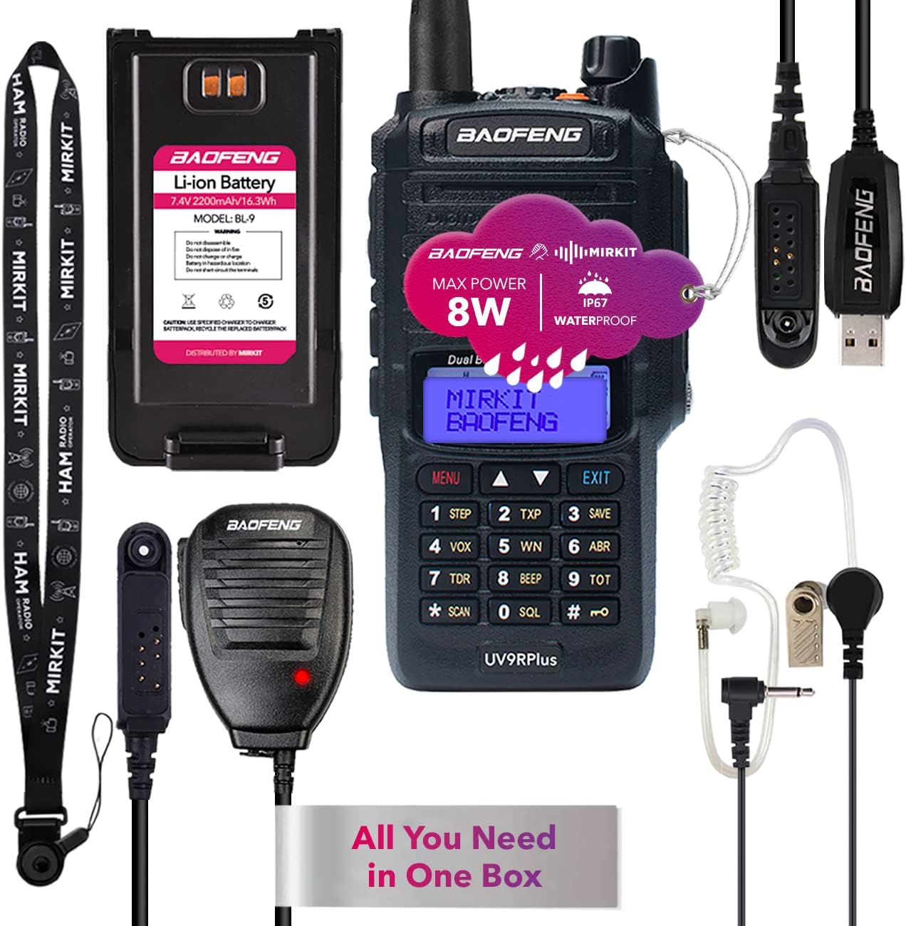 2pcs Mirkit Waterproof Radio Baofeng UV-9R Plus MK1 (UV-82 3rd Generation) 8 Watt Max Power & USB Baofeng Programming Cable & 2200mAh Battery