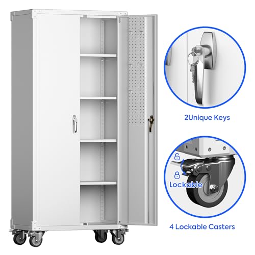 71" Metal Storage Cabinet with Wheels and Pegboard, Lockable Rolling Steel Storage Cabinet with 5 Adjustable Shelves and Door for Garage, Office