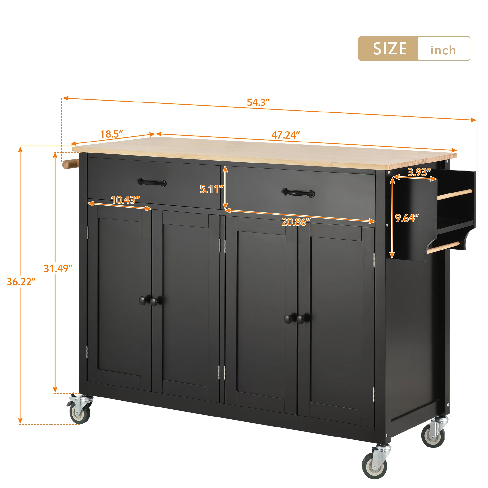 Movable Kitchen Island Cart, Storage Cart with 4-Door Cabinets and 2 Drawers, Modern Wood Kitchen Storage Cart with 2 Lockable Wheels