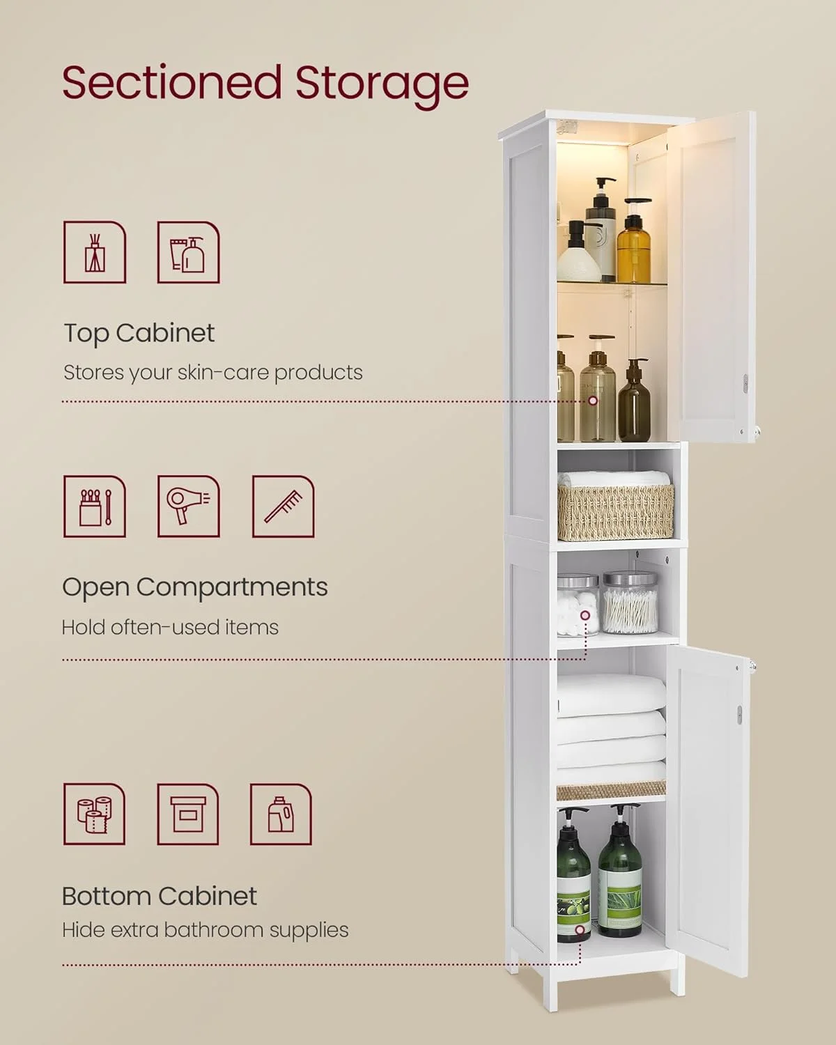 QCAI Tall Bathroom Cabinet with Lights, Slim Bathroom Storage Cabinet, Freestanding Narrow Cabinet with Adjustable Shelves, Open compartments