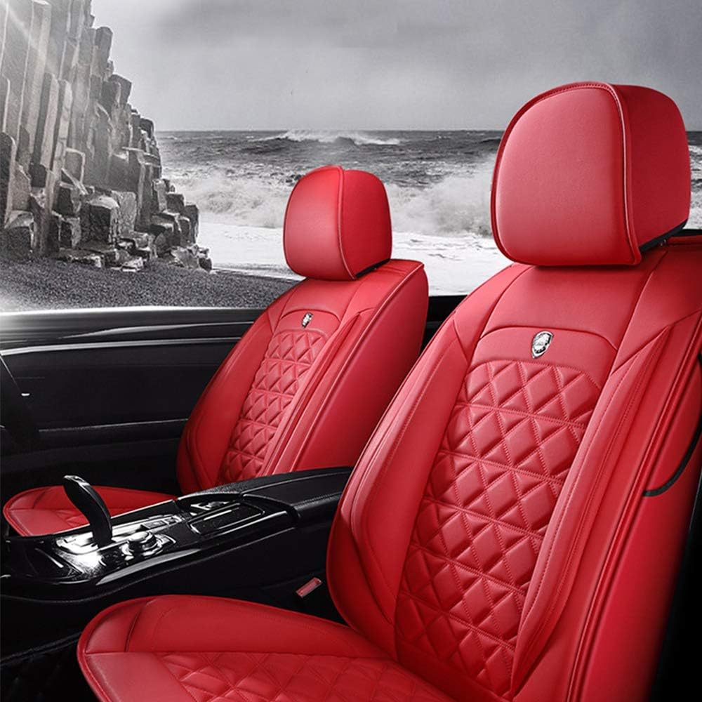 Fly5D Red Car Seat Covers Full Set with Waterproof Deluxe Leather,Airbag Compatible Automotive Vehicle Cushion Cover Universal fit for Most Cars