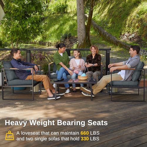 EAST OAK Courtyard Patio Furniture Set, 4-Piece Outdoor Patio Set with Sofa, Removable & Washable Deep Seating Cushion, Tempered Glass Table