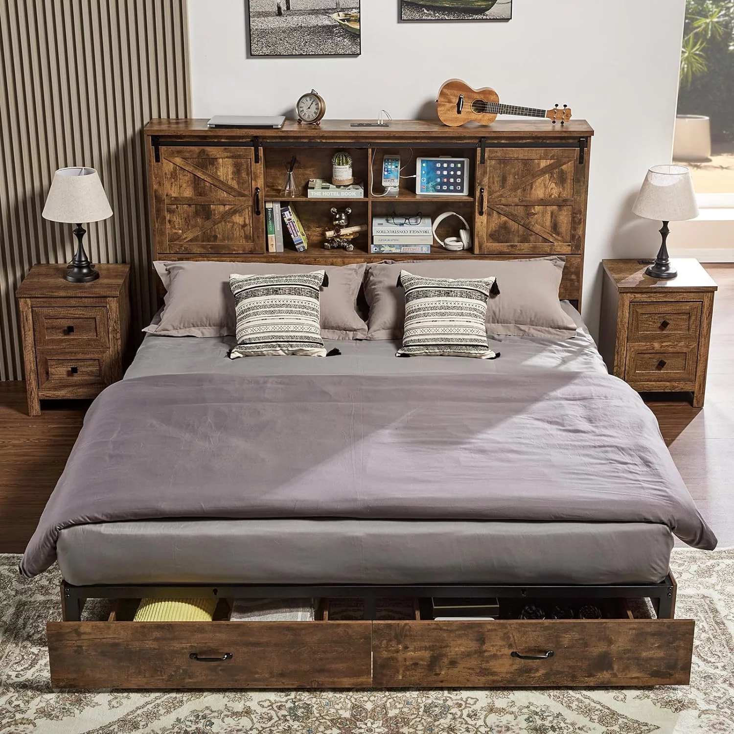 HOWE King Size Wooden Platform Storage Bed Frame with 51.2" Wood Bookcase Headboard(Rustic Brown)