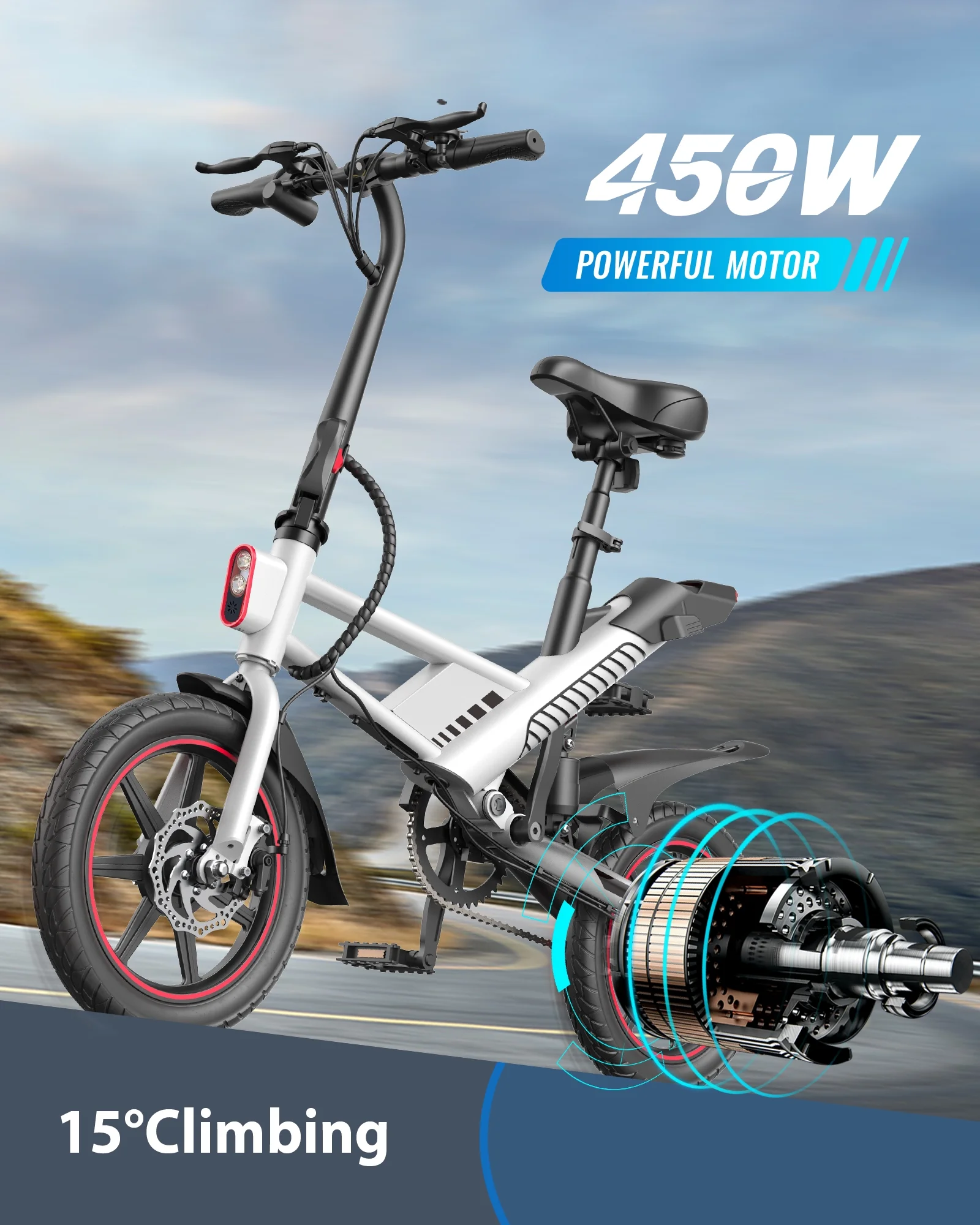 Kistp 14 450W Folding Electric Bike for Adults, 18.6MPH 3 Riding Modes Electric Bike with 36V 10.5AH Battery UL2849 Certificate