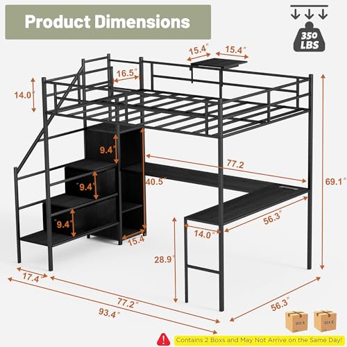 Full Size Loft Bed with Desk,Metal Heavy Duty Full Loft Bed with Stairs,Wardrobe and Shelves