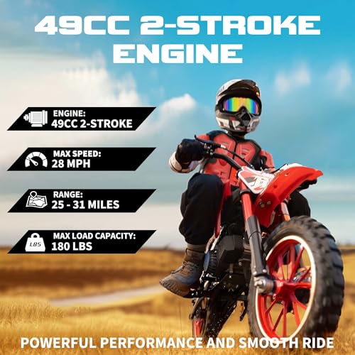 Kids Off-Road Dirt Bike 49CC 2-Stroke Gas Powered Mini Motorcycle with Front & Rear Disc Brakes, Easy Pull Start, 30 MPH Max Speed, 220 LBS Capacity