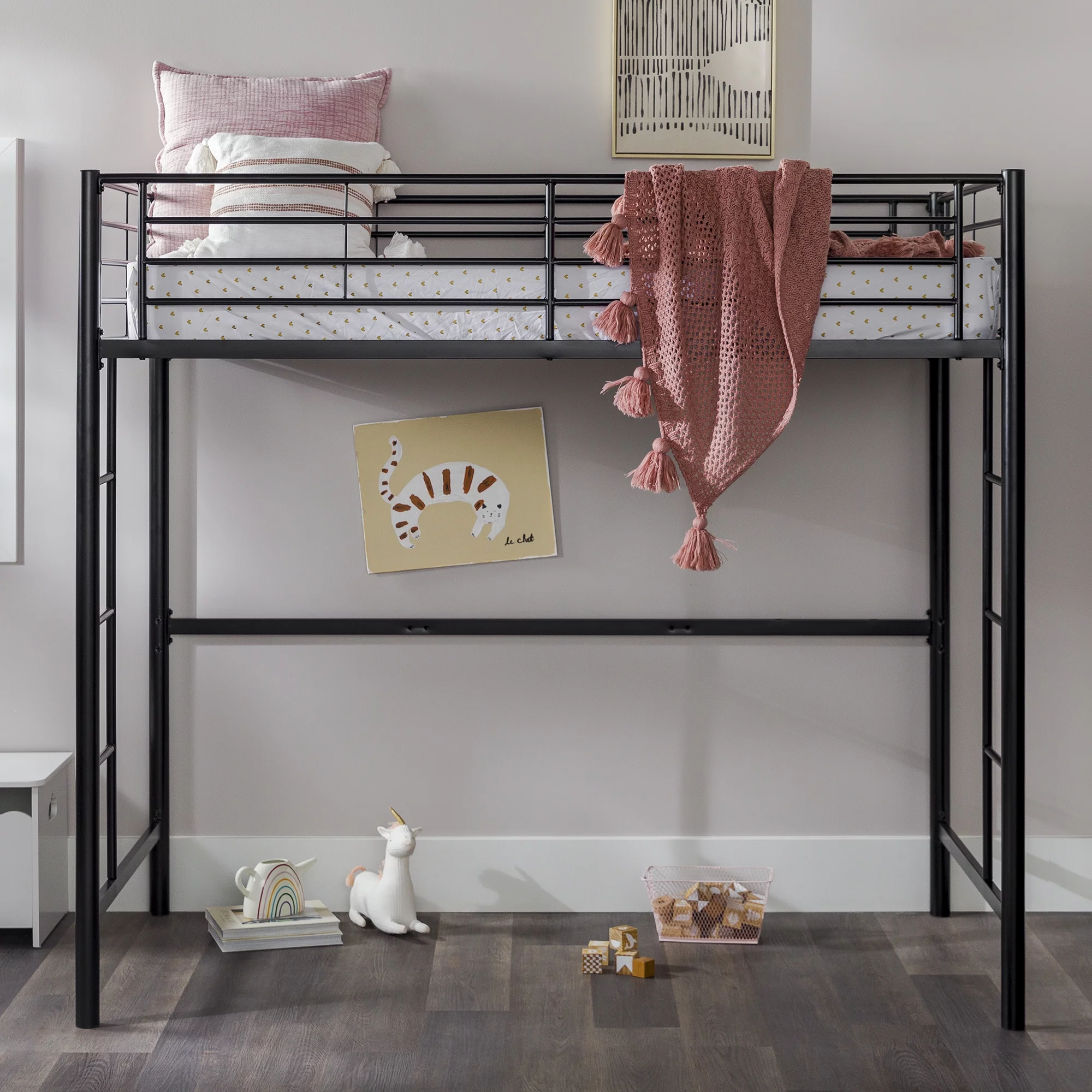 Walker Edison Premium Traditional Twin Metal Loft Bed, Black