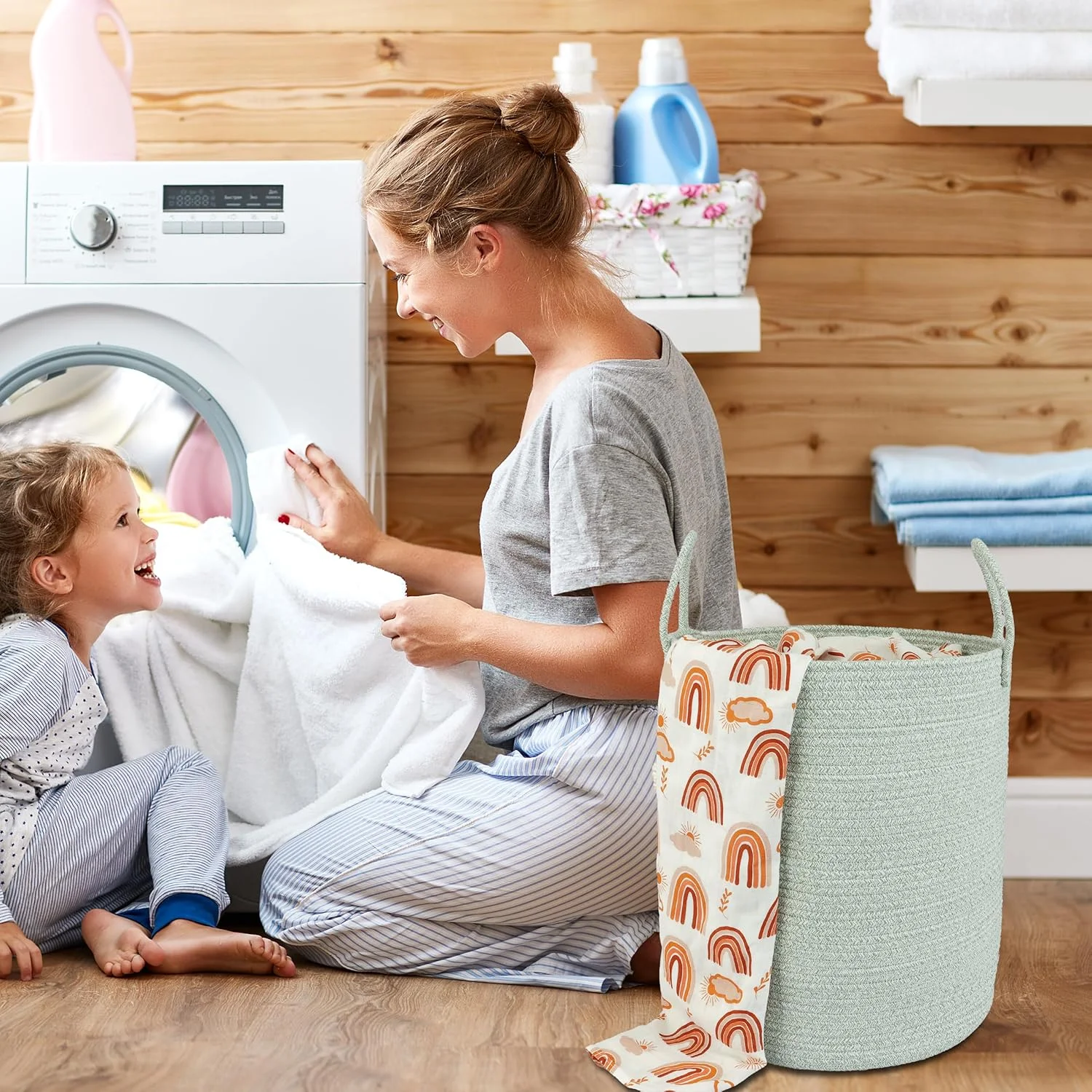 WarmHaven Cotton Rope Laundry Basket Hamper for Clothes Woven Storage Basket for Living Room Bedroom Boho Tall Rope Baskets for Blanket Toys Pillow