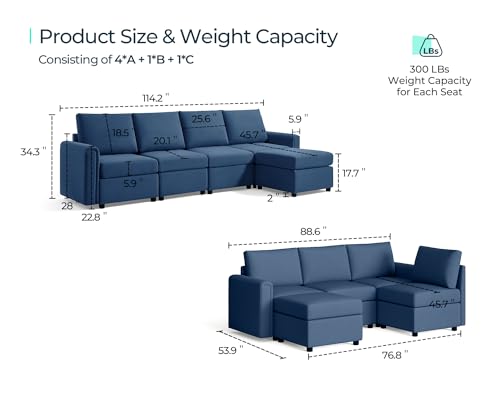 LINSY HOME Modular Sectional Sofa, Convertible U Shaped Sofa Couch with Storage, Memory Foam, Modular Sectionals with Ottomans