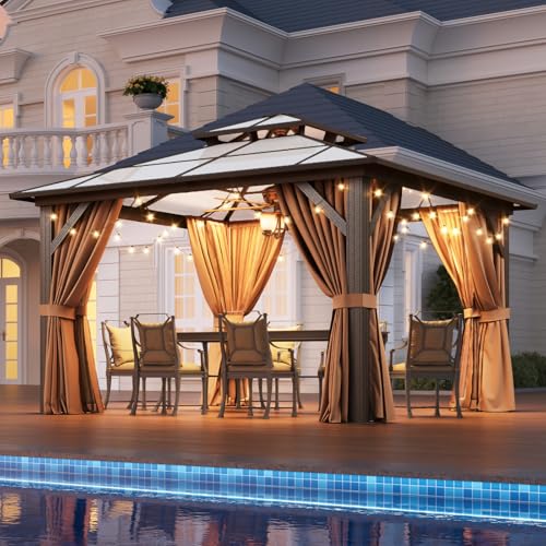 Aoxun 12'x16' Hardtop Gazebo, Aluminum Frame Permanent Pavilion with Netting and Curtains, Outdoor Polycarbonate Double Roof Canopy