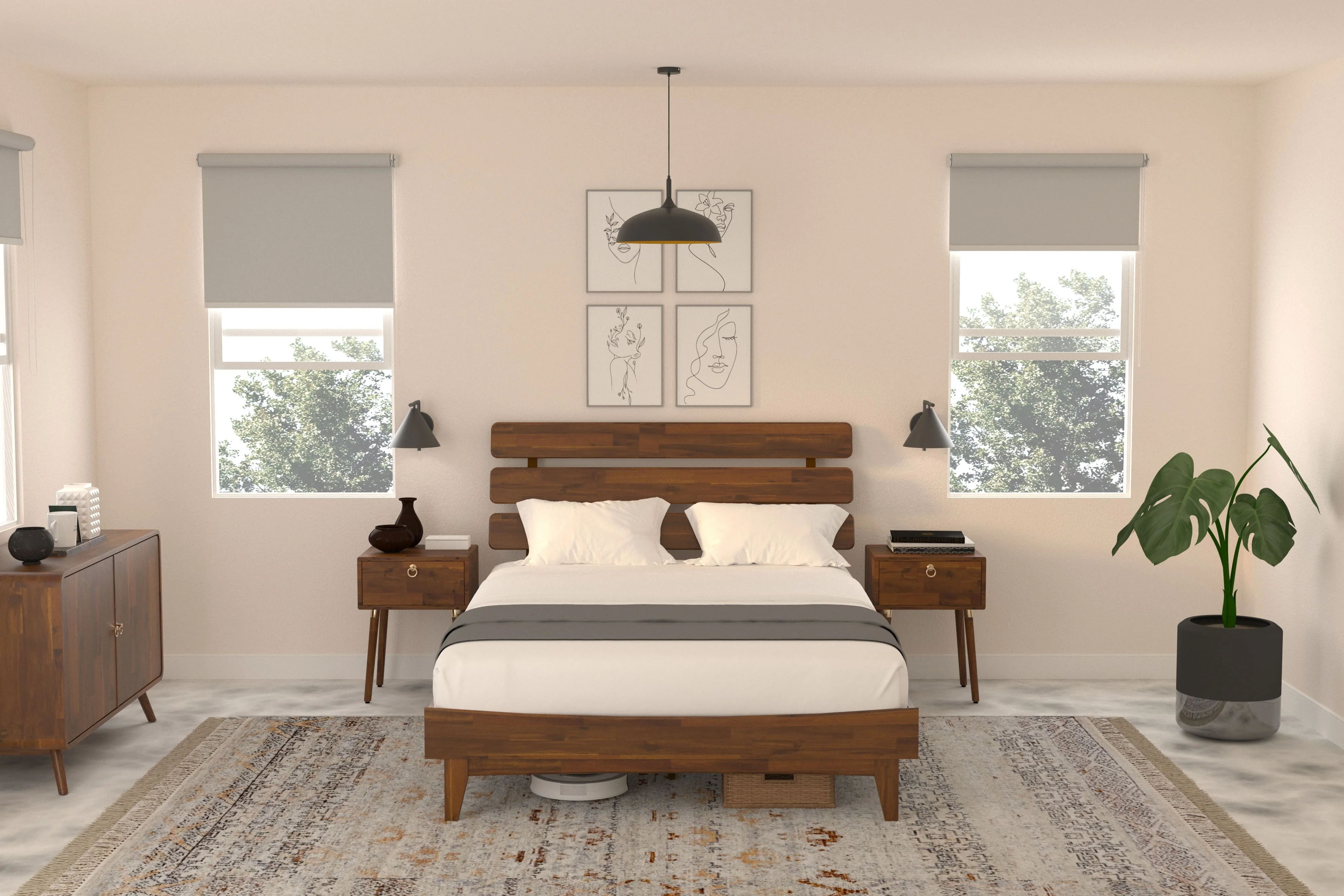 BME Dalen 45" Bed Frame Queen, Adjustable Headboard, Mid-Century, Solid Wood, Dark Choco