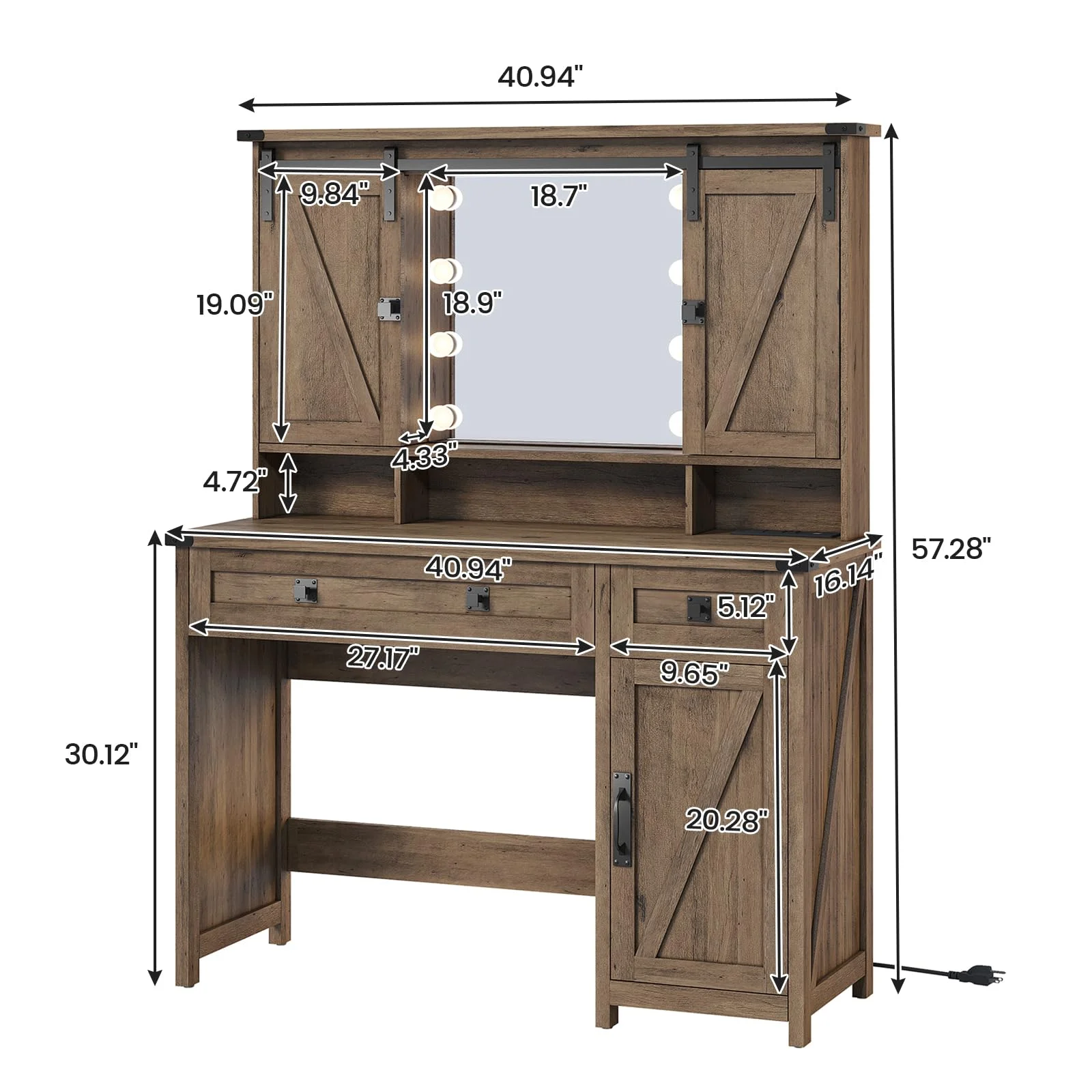 Vanity Table with Charging Station and Lights Mirror, Farmhouse Makeup Desk with Barn Doors, Brown