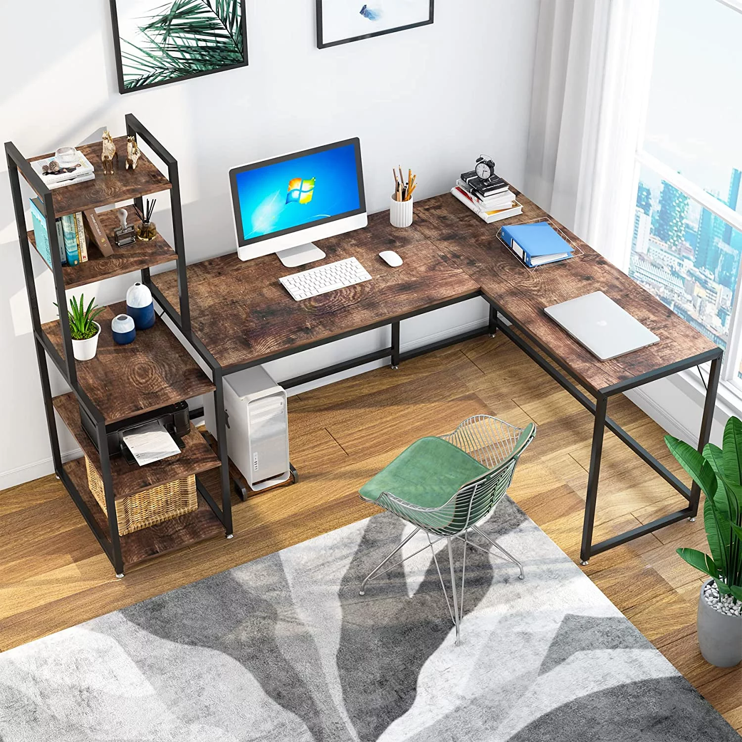 HJZBNONE 79 Inch Reversible L-Shaped Desk  Industrial Large Corner Desk with 5 Tier  Shelves  Large L Desk Home Office Desk Computer Table Writing