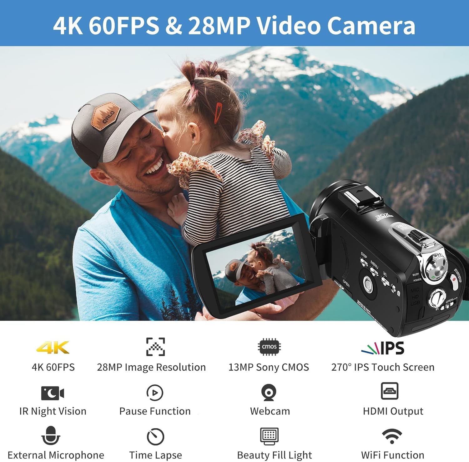 4K Video Camcorder ORDRO AZ30 1080P 60FPS Camera for YouTube, UHD 3'' IPS Screen 30X Zoom Infrared Night Vision Camcorder
