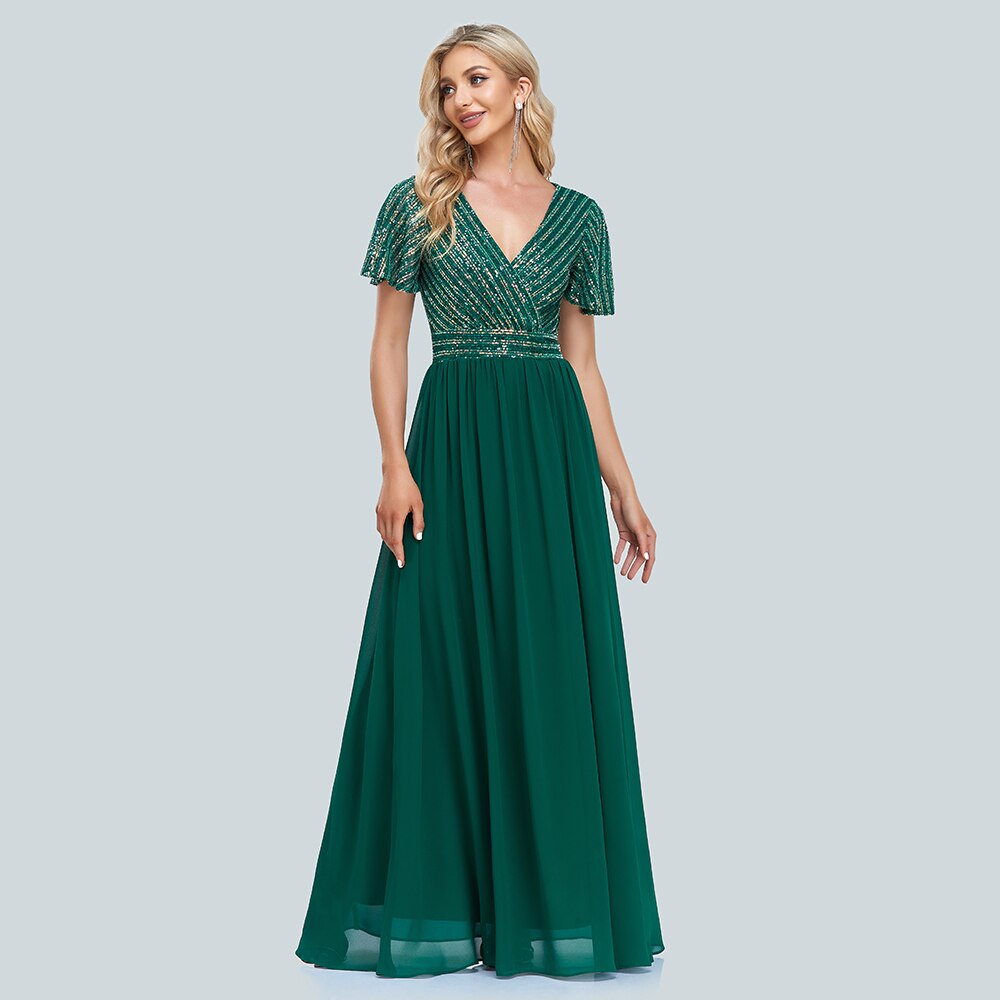 2023 New Women Green Evening Dresses Elegant V-Neck Sequins Chiffon Formal Gown Robe Vestidos De fiesta Dress For Wedding Party