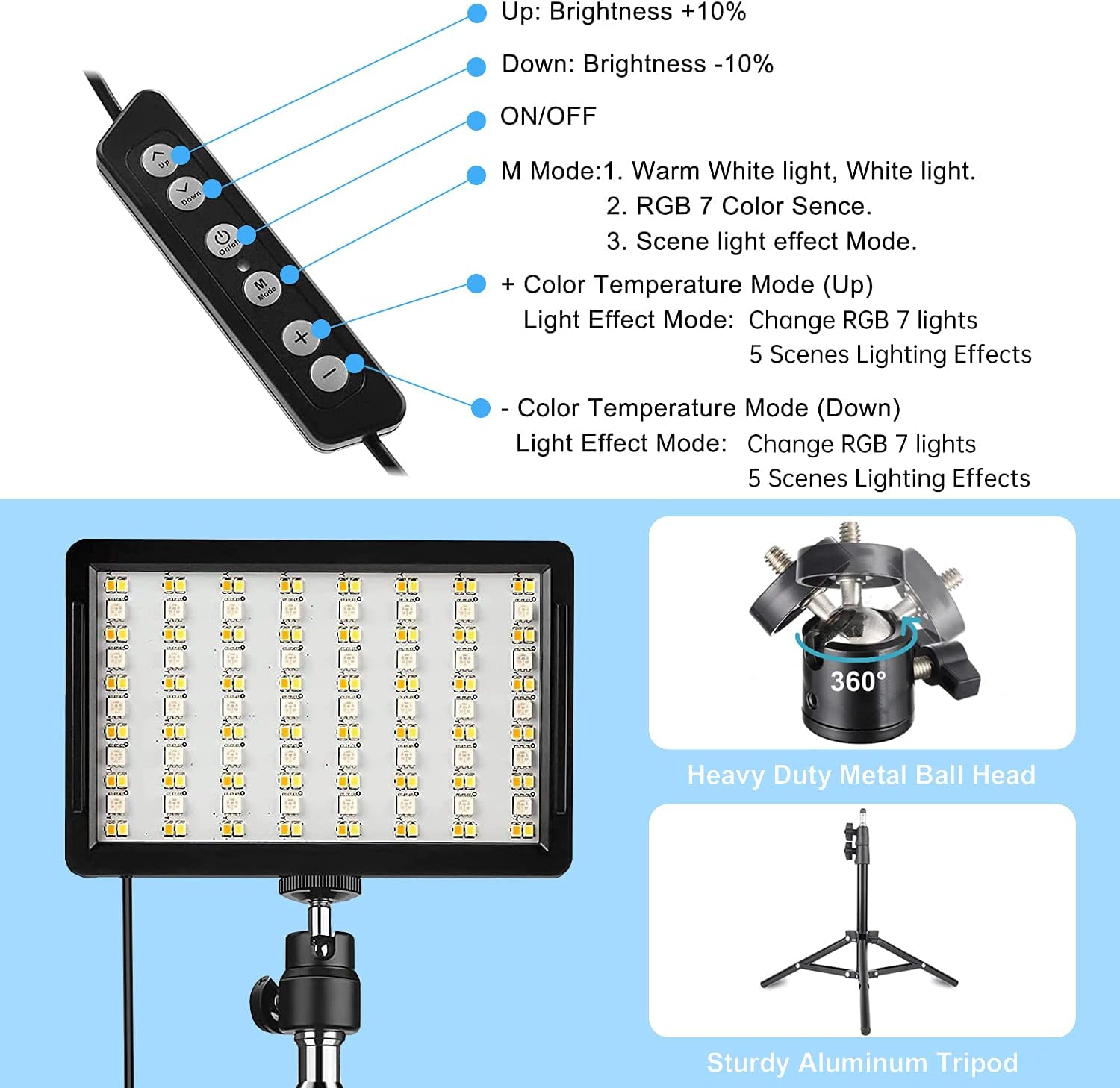 Led Video Light for Camera, RGB Photography Lighting Kit (2 Packs) with Adjustable Tripod Stand/Remote