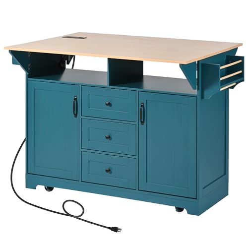 Farmhouse Kitchen Island with Power Outlet, Drop Leaf, Spice Rack and Drawer,Rolling Kitchen Cart on Wheels