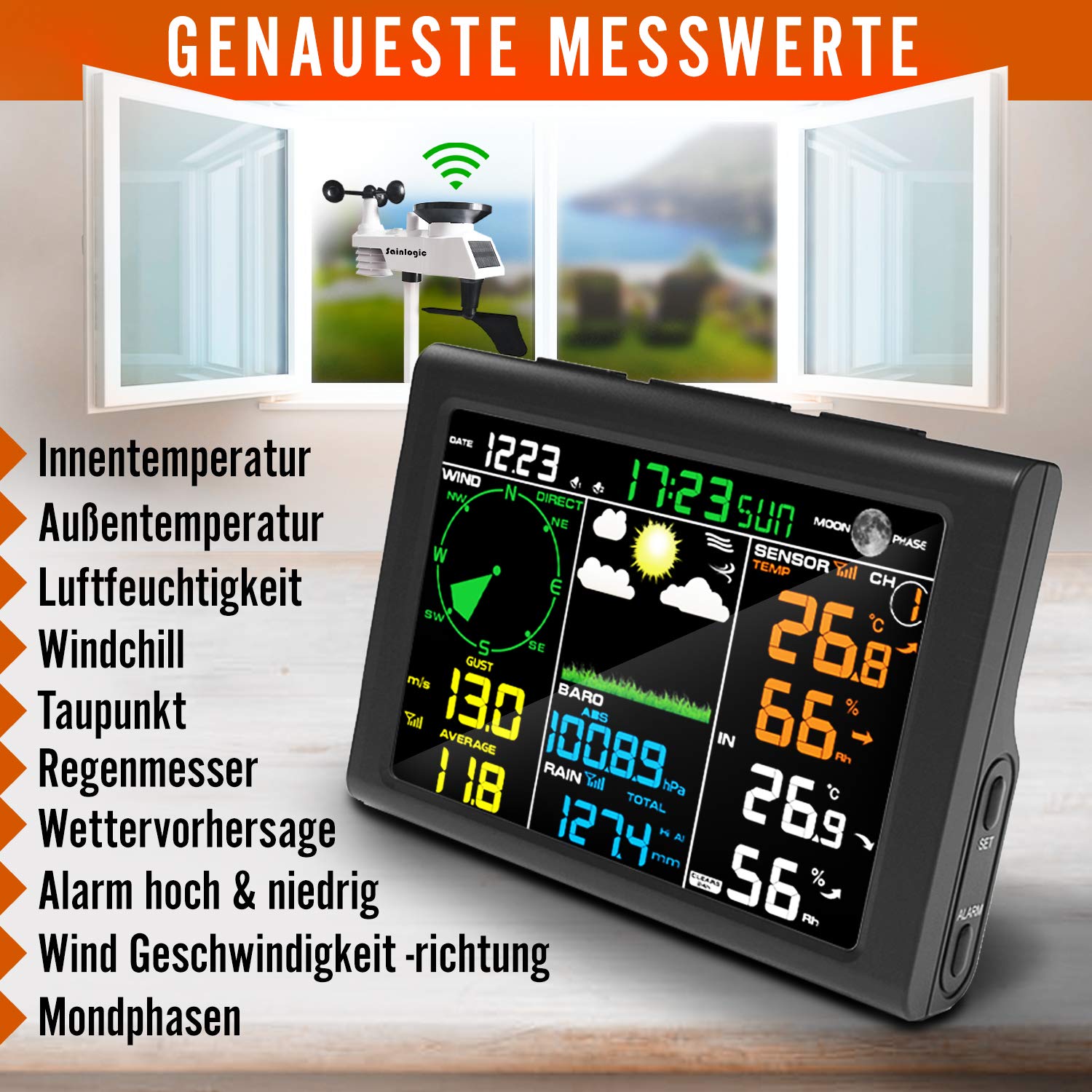 Sainlogic Wireless Weather Station with Outdoor Sensor, 5-in-1 Weather Station Indoor Outdoor with Rain Gauge,Weather Forecast, Temperature, Humidity