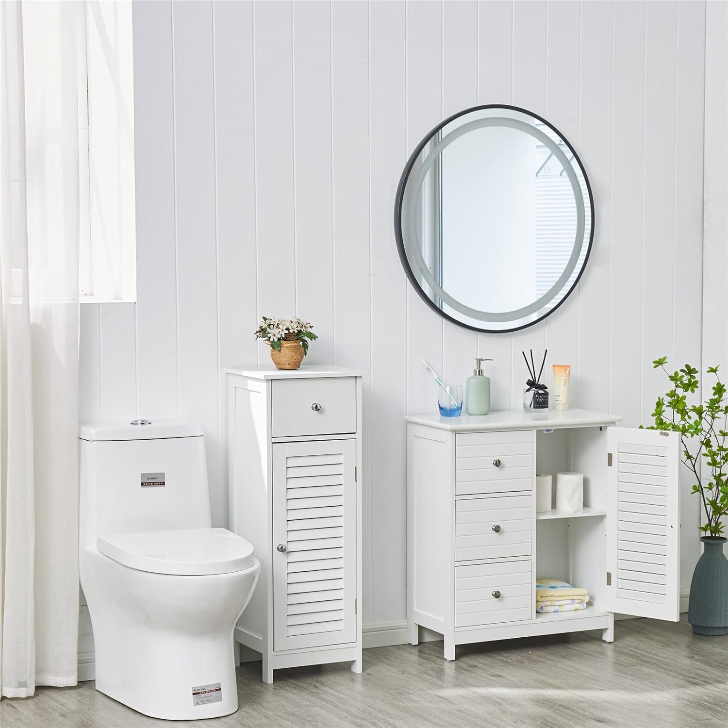 HoorLang White Bathroom Storage Cabinet with 3 Drawers and 1 Two Layers Cabinet