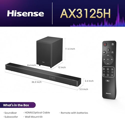 Hisense AX3100Q 3.1Ch Sound Bar with Wireless Subwoofer, Dolby Atmos, DTS:X, Bluetooth 5.3, Roku TV Ready, HDMI/AUX/ARC/Optical/USB, EzPlay, Ez UP