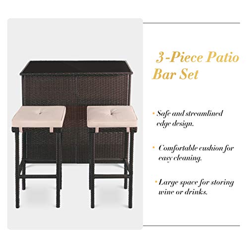 SUNCROWN Outdoor Bar Set 3-Piece Brown Wicker Patio Furniture - Glass Bar and Two Stools with Cushions for Patios, Backyards, Porches