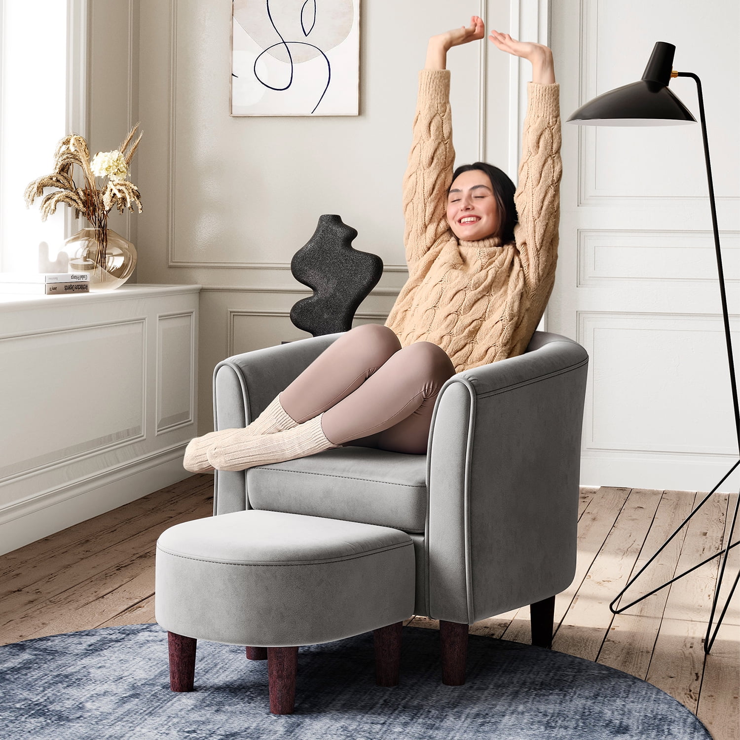 LINSY HOME Velvet Accent Chair with Ottoman for Living Room, Light Grey - Radiant Selections