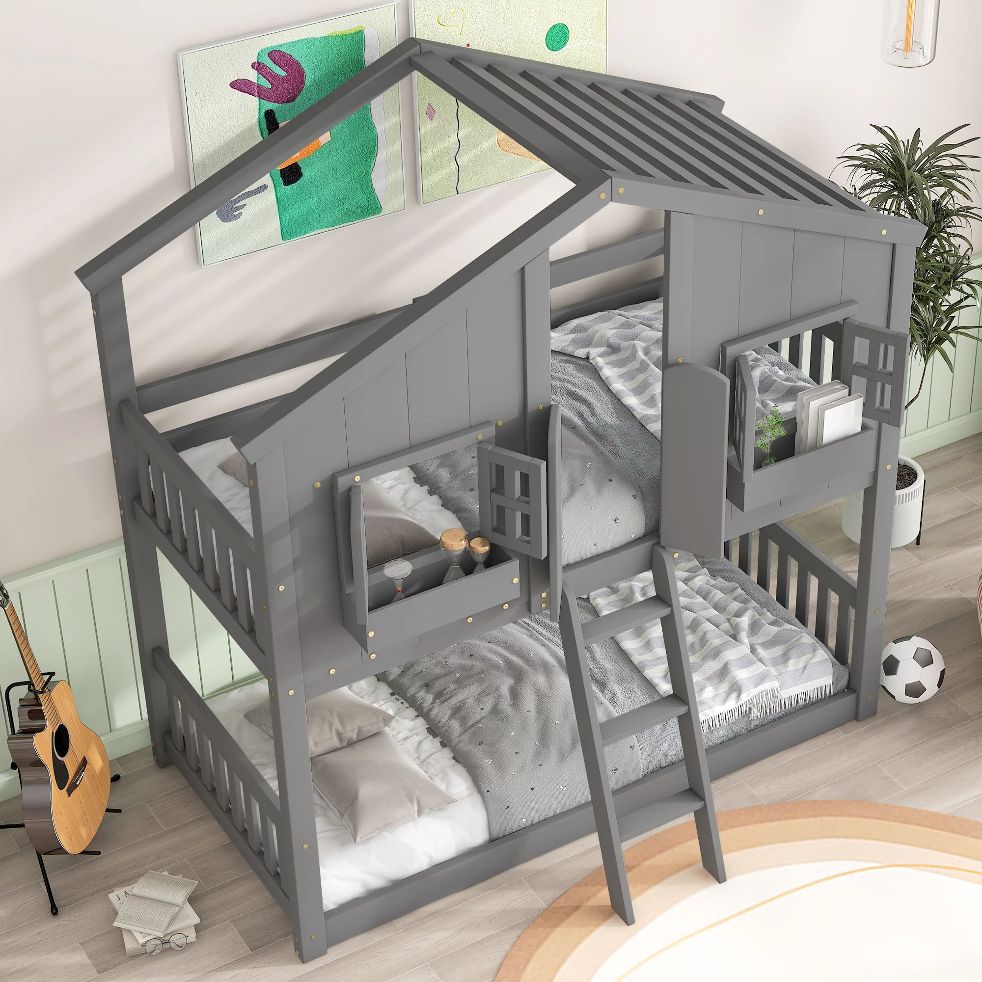 Solid Wood Twin over Twin House Bunk Bed with Roof, Window, Window Box, Door, Ladder and Guard Rail
