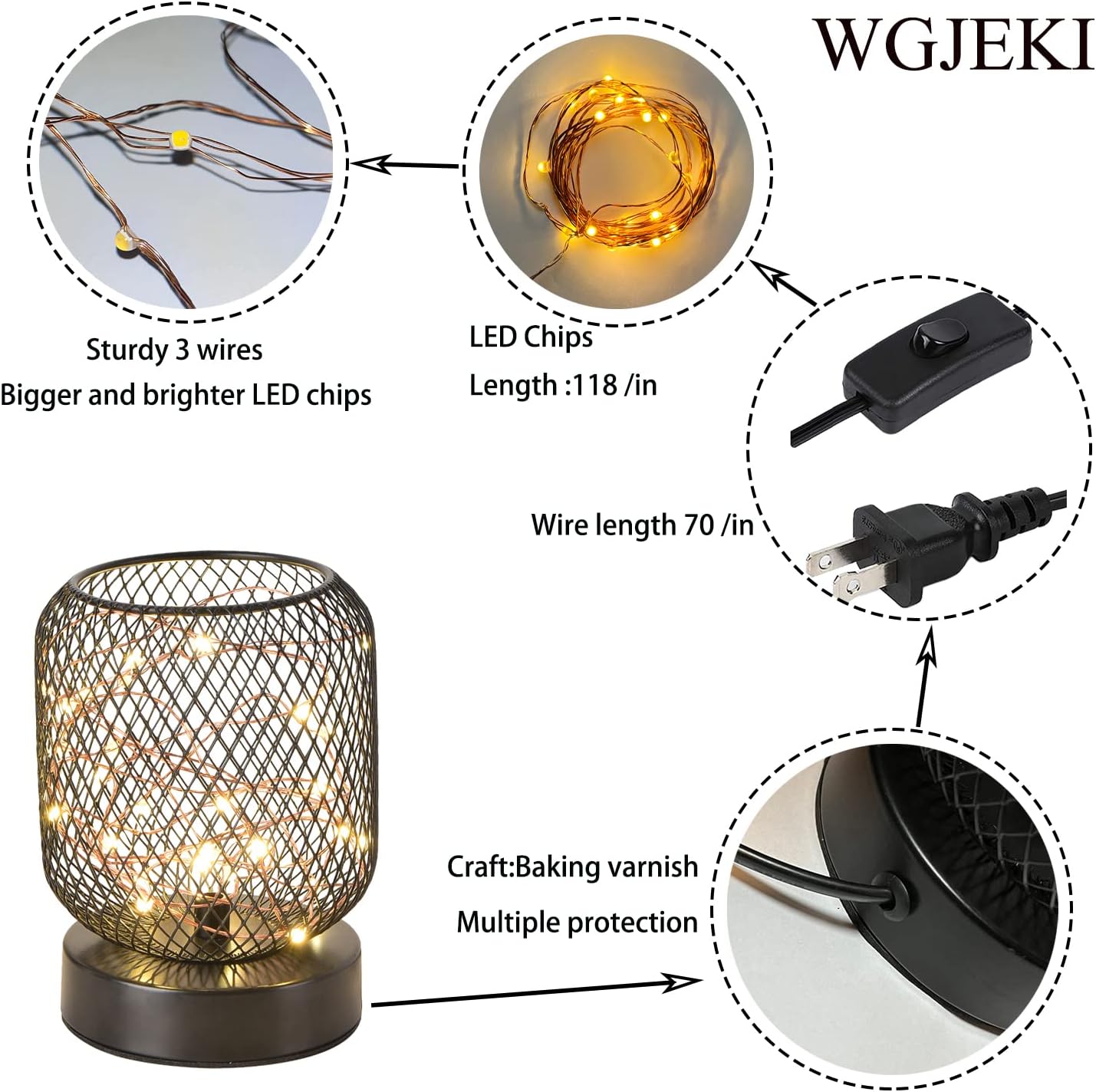 WGJEKI Cage Desk Lamp Starry Sky Led Lights String Iron Mesh Retro Lamp Used in Bedroom Living Room Kid's Room Birthday Party Wedding AC with Black