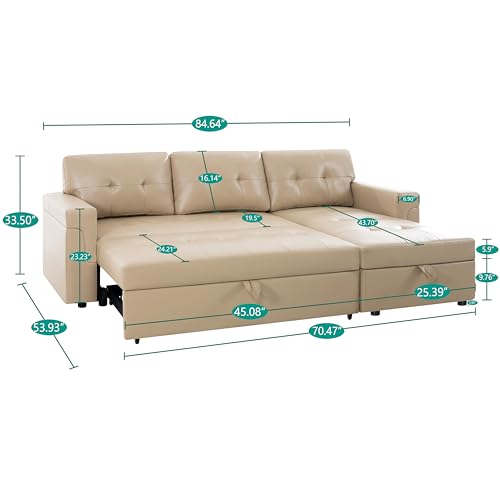 Naomi Home Jenny Sectional Sofa Sleeper with Storage Chaise, Tufted Pull Out Couch with Storage, L-Shaped Reversible Sleeper Sofa with Storage, Black