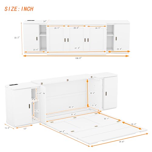 Queen Size Murphy Wall Bed With Storage and Bookcase Headboard, Solid Wood Cabinet With Shelves and USB Ports