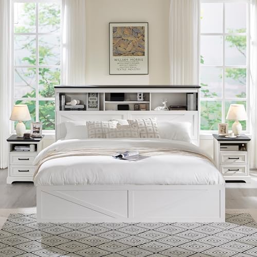 Queen Size Wood Bed Frame Farmhouse with 52" Tall Storage Bookcase Headboard, LED Light,Charging Station,4 Drawers and Solid Wood Slats Support