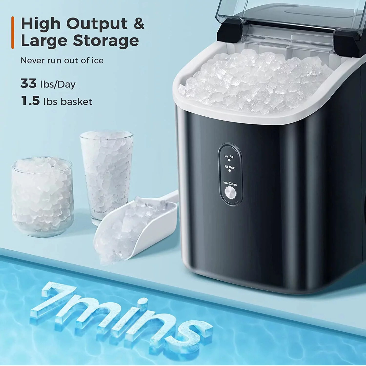 FOOING Nugget Ice Maker Countertop, Portable Ice Maker Machine with Self-Cleaning Function, 33lbs/24H Chewable Ice, Sonic Ice Maker (Black)