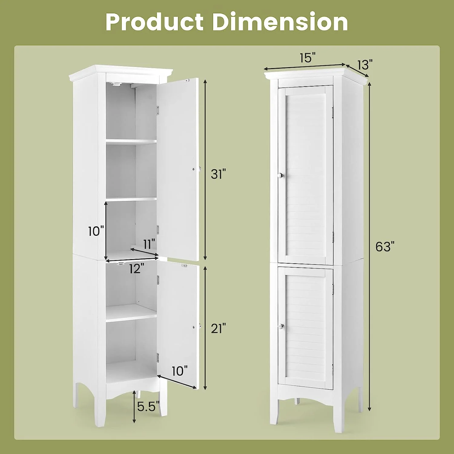 Bathroom Tall Storage Cabinet - Narrow Freestanding Floor Cabinet with Doors, 5 Tier Shelves(1 Height Adjustable)