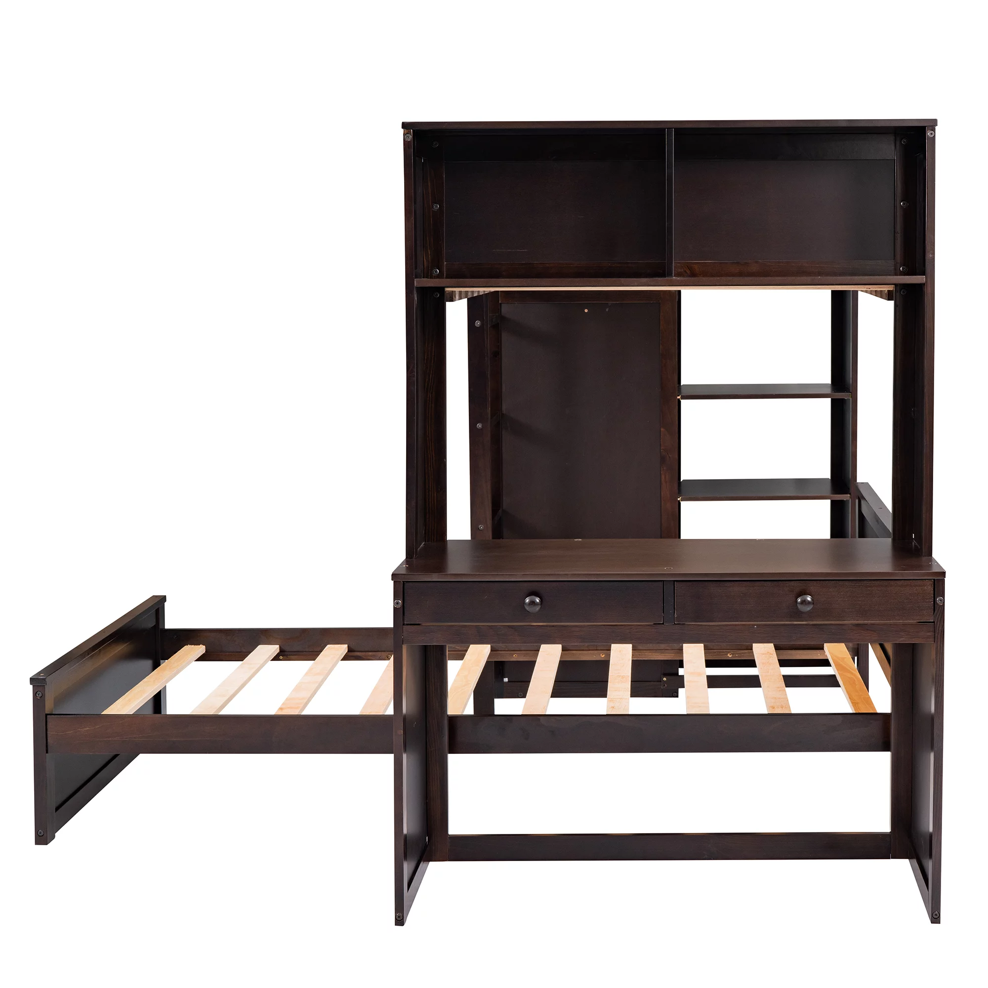 Twin Size Solid Wood Loft Bed with a Stand-alone bed, Shelves, Desk, and Wardrobe, Multifunctional Loft Bed with Ladder, Shelves, Wooden Loft Bed