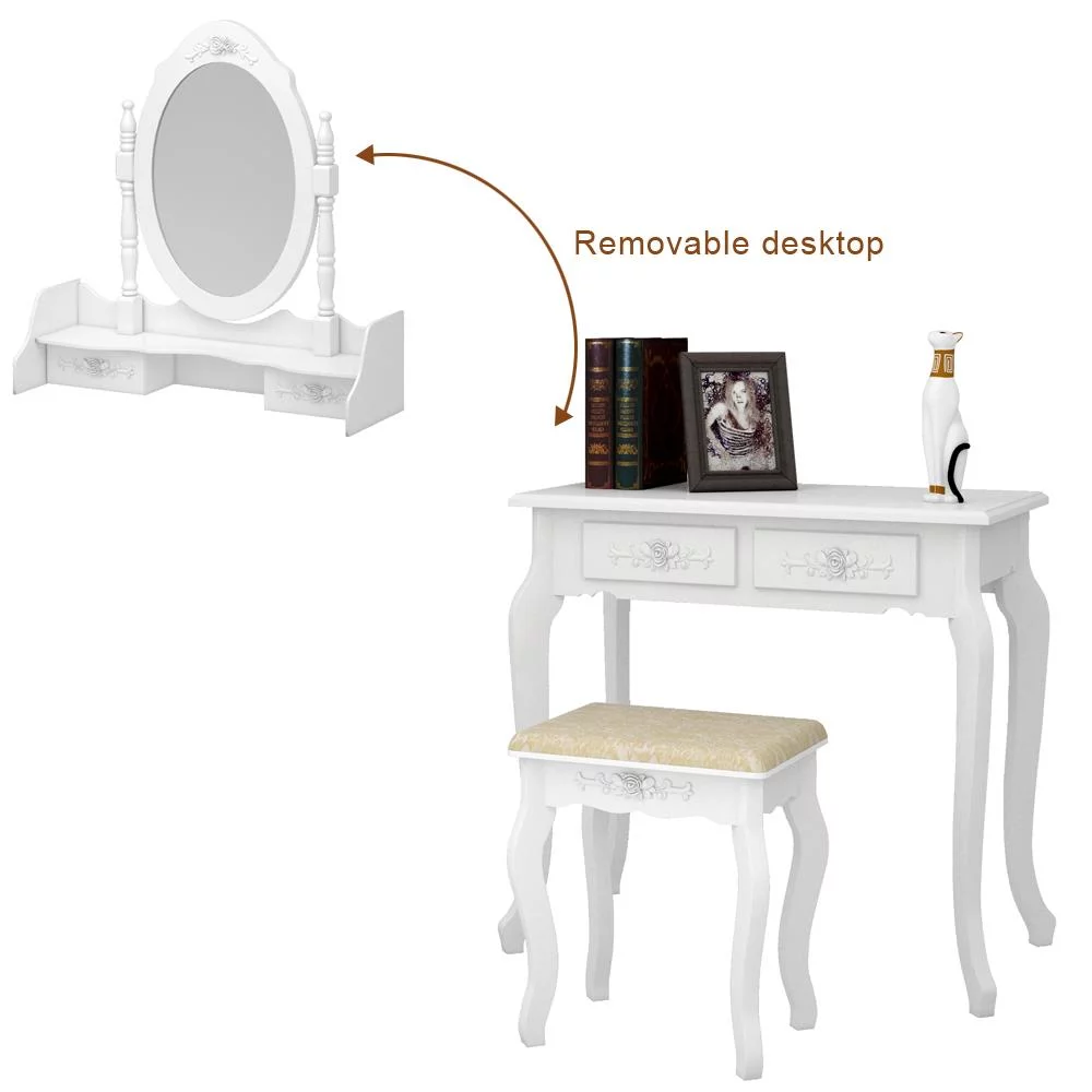 SamyoHome Vanity Table Set, Makeup Dressing Table with Mirror, Vanity Desk with Cushioned Stool 4 Drawers, White
