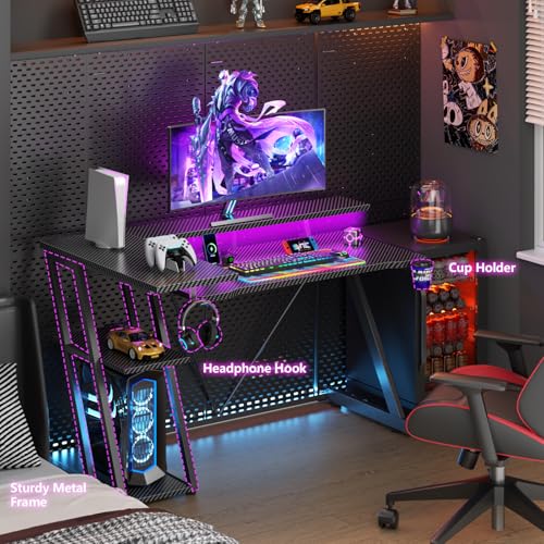 55 Inch Gaming Desk with Power Outlet & LED Lights, L Shaped Gamer Computer Table with Storage Shelves for Bedroom, Corner Home Office Desk