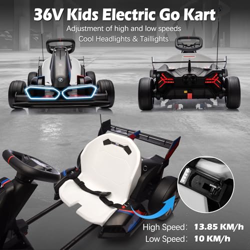 36V Licensed BMW Electric Go Kart, 7.5 MPH Drift Kart with 600W Motor, Outdoor Driftable Kids Race Pedal Go Karting Car w/Adjustable Seat, Lights