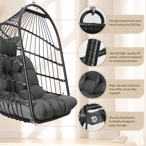 Chihee Egg Chair Foldable Wicker Rattan Hanging Chair Swing Chair Indoor Outdoor Patio Wicker Chair Hammock Chair with Stainless Steel Hanging Kit
