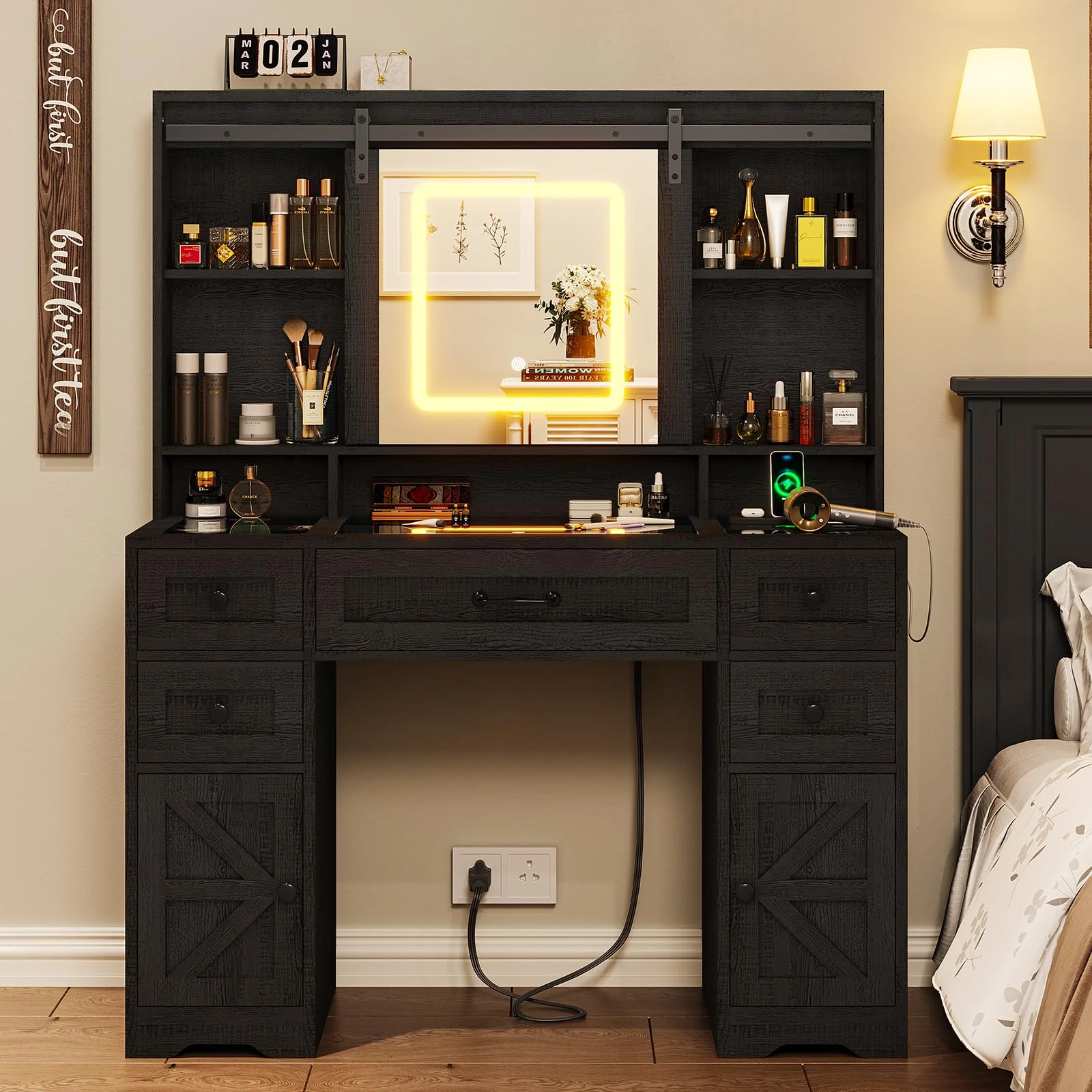 Afuhokles Vanity with Lighted Mirror, Glass Top Vanity Desk with Charging Station, Large Makeup Table with 5 Drawers, Black