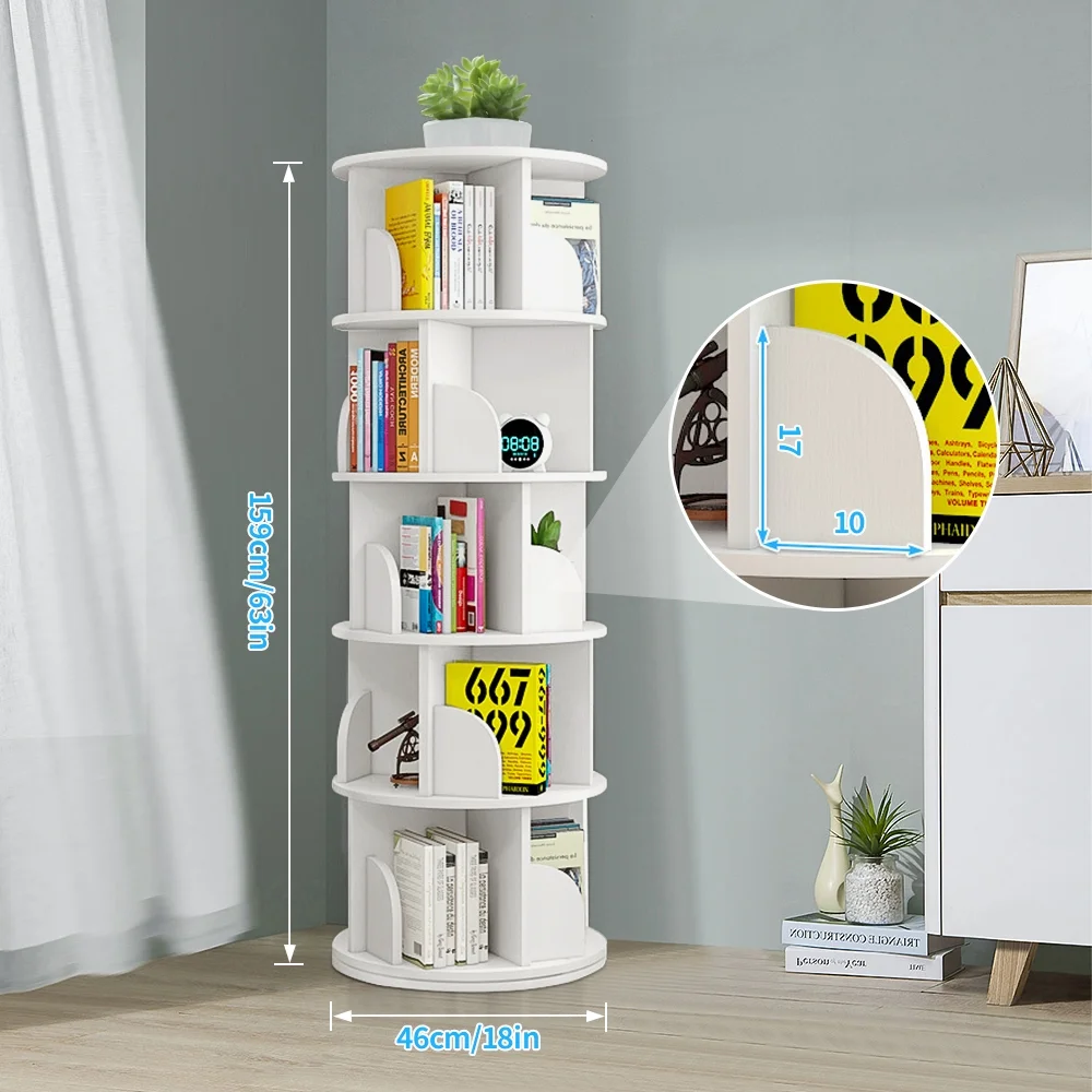 bimiti 5 Tier Rotating Bookshelf, 360° Revolving Bookcase 20 Shelves Floor-Standing Storage Display Rack - White 63"x18"x18"