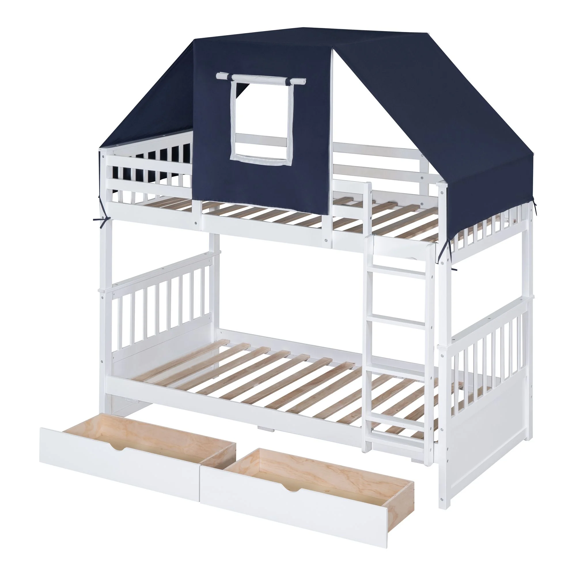 Twin Over Twin Bunk Bed with Tent and Drawers for Boys/Girls/Teens Bedroom, Wood Bed Frame with Safety Guardrail, No Box Spring Needed with Roof