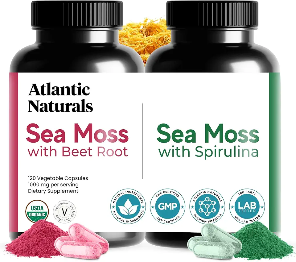 Atlantic Naturals Sea Moss Superfood Bundle - Sea Moss with Beet Root & Spirulina Capsules - Defense Support, Blood Flow, Joint Health & Iron