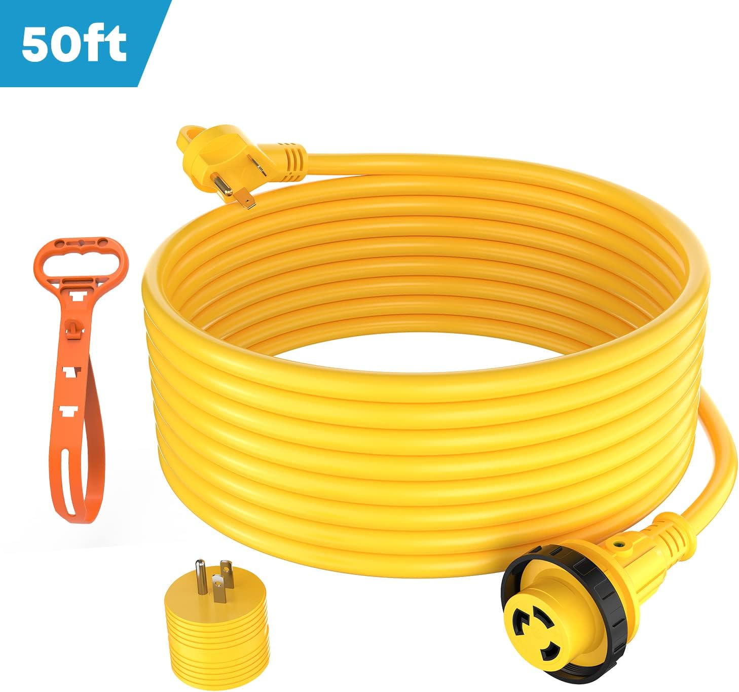 Kohree 50 Amp RV Power Extension Cord 25FT with Grid Handle Heavy Duty, 50M/50F 90 Degree RV Locking Adapter, LED Indicator & 30M/50F Power Adapter